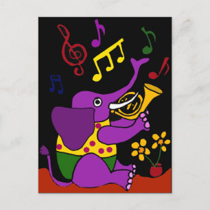 XX- Folk Art Elephant Playing French Horn Postcard