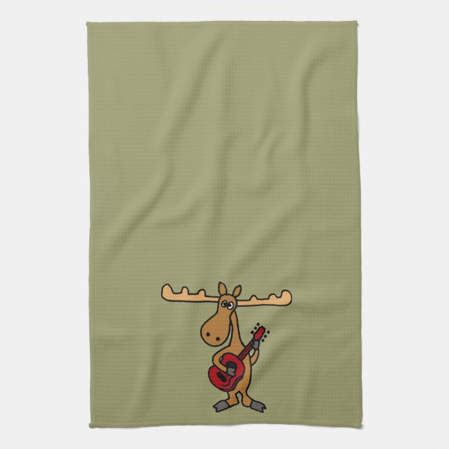XX- Funny Moose Playing Guitar Cartoon Tea Towel (Vertical)
