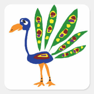 XX- Funny Peacock Primitive Art Square Sticker