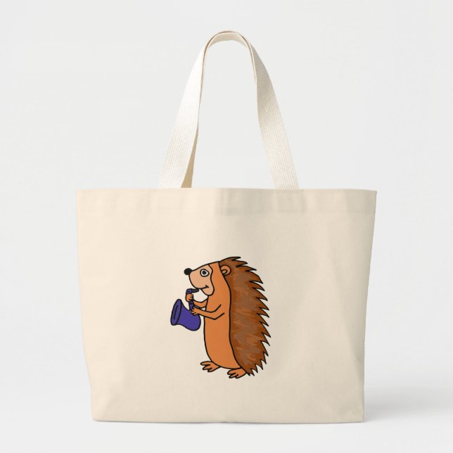 XX- Hedgehog Playing Saxophone Cartoon Large Tote Bag (Front)