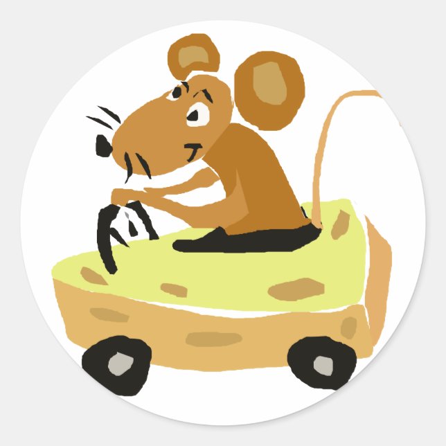 XX- Mouse Driving a Cheese Car Cartoon Classic Round Sticker (Front)
