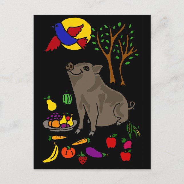 XX- Pot Bellied Pig and Fruit Folk Art Design Postcard (Front)