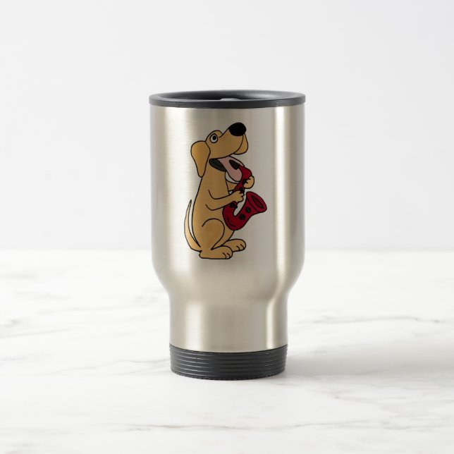 XX- Puppy Dog Playing Saxophone Cartoon Travel Mug (Center)