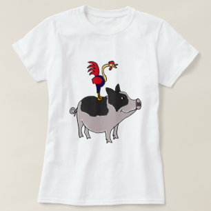 XX- Rooster on a Pot Bellied Pig Cartoon T-Shirt