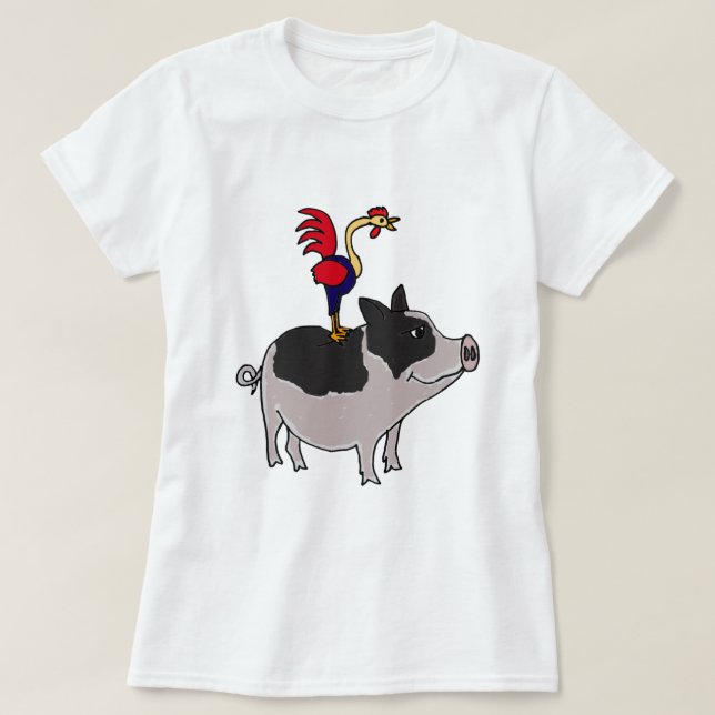 XX- Rooster on a Pot Bellied Pig Cartoon T-Shirt (Design Front)