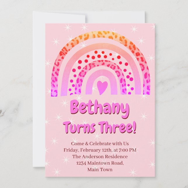 XXth Leopard Print Boho Pink Rainbow Birthday      Invitation (Front)