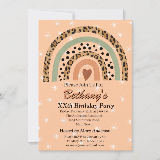 XXth Leopard Print Boho Rainbow Birthday Party     Invitation (Front)