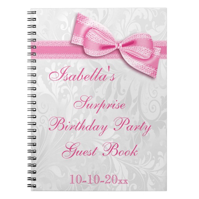 XXth SURPRISE Birthday Party Damask and Bow Notebook (Front)