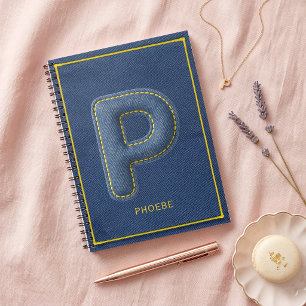 Y2K Blue Denim Puffy Letter P Monogram Name Notebook