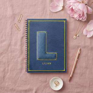 Y2K Blue Denim Yellow Stitch Monogram L Initial Notebook