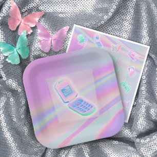 Y2K cell phone text iridescent happy birthday name Paper Plate