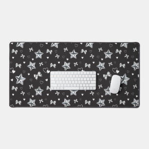Y2K Coquette Metallic Silver Star Ribbon Black Desk Mat
