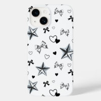 Y2K Dark Coquette Silver Star Ribbon Heart Pattern