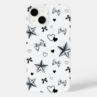 Y2K Dark Coquette Silver Star Ribbon Heart Pattern Case-Mate iPhone 14 Case
