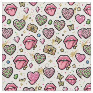 Y2K Fabric with Pink Hearts Lips Pattern Collage