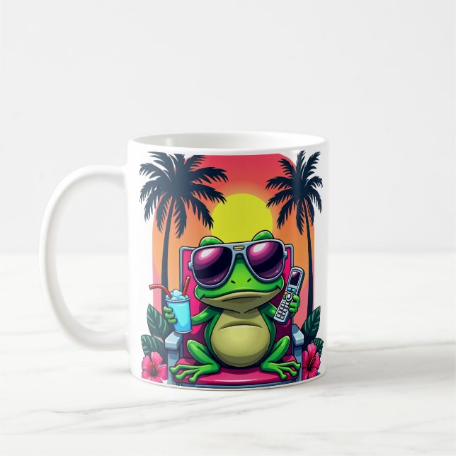 Y2K Grumpy Frog Vaporwave Tropical Retro Flip Phon Coffee Mug (Left)