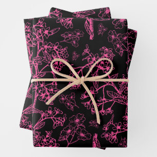 Y2K Hot Pink and Black Vintage Modern Botanical Wrapping Paper Sheet