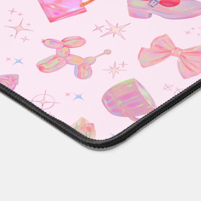 Y2K Pastel Pink Coquette Hologram Sparkle Pattern Desk Mat (Corner)
