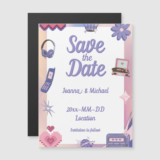 Y2K Pink Purple 2000s Retro Geek Save the Date Magnetic Invitation (Front/Back)