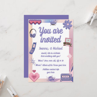 Y2K Pink Purple 2000s Retro Tech Geek Love Wedding Invitation