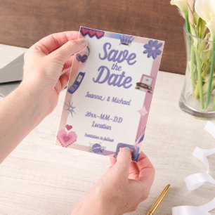 Y2K Pink Purple 2000s Retro Tech Geek Love Wedding Vellum Invitations