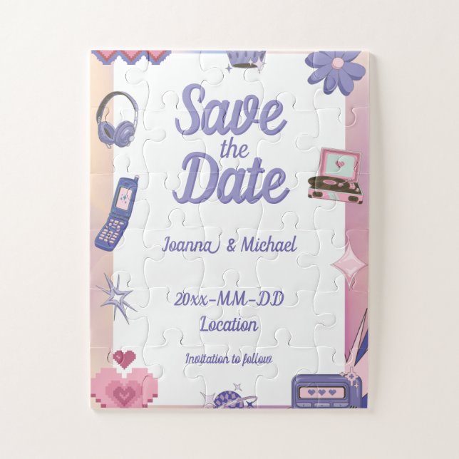 Y2K Pink Purple 2000s Retro Tech Geek Save Date Jigsaw Puzzle (Vertical)