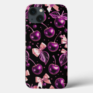 Y2K Purple Glossy Cherry Pattern Black iPhone Case