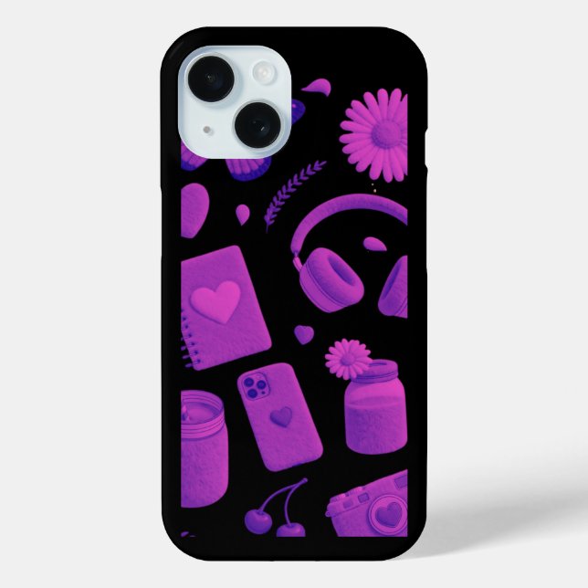 Y2K Purple Glossy Cherry Pattern Black iPhone Case (Back)