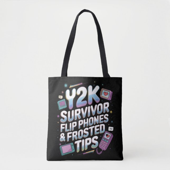 Y2K Survivor – Flip Phones, Frosted Tips & Retro Tote Bag (Front)