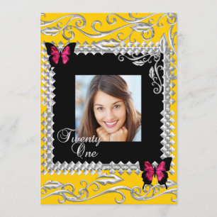 Y 21st Birthday Party Pink Black Butterflies Invitation