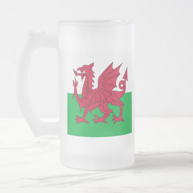 Y Ddraig Goch: Welsh Flag Beer Glass Frosted Glass Beer Mug (Left)