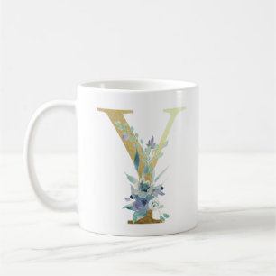 Y, golden initial with blue floral foliage coffee mug