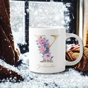 Y Letter Gold Monogram Pink Blue Floral Large Coffee Mug