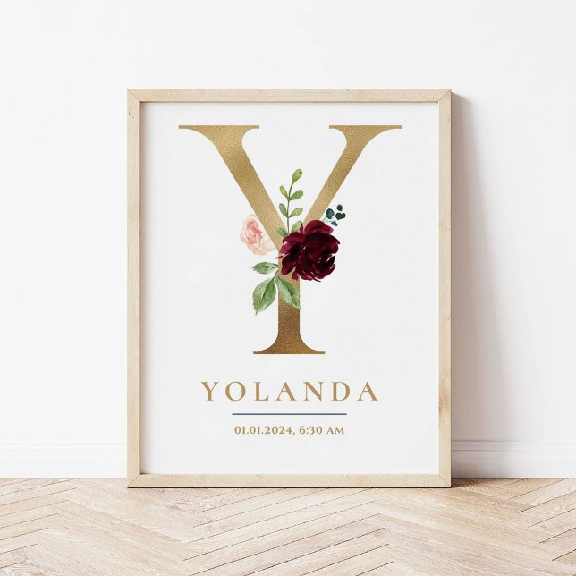 Y Letter Monogram Name Marsala Floral Nursery Poster (Creator Uploaded)