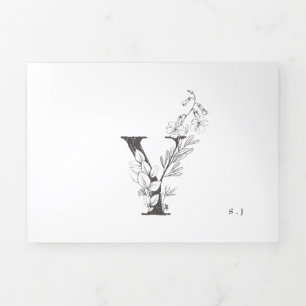'Y' Monogram Beautiful Sketched Floral Wedding Tri-Fold Invitation