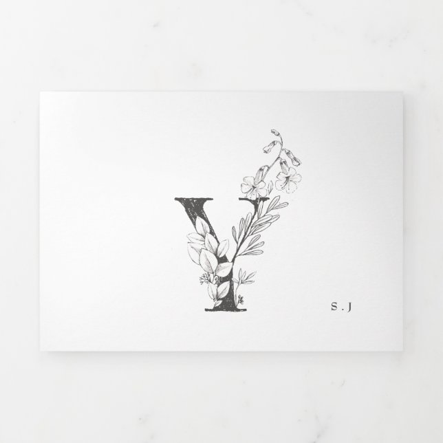 'Y' Monogram Beautiful Sketched Floral Wedding Tri-Fold Invitation (Cover)