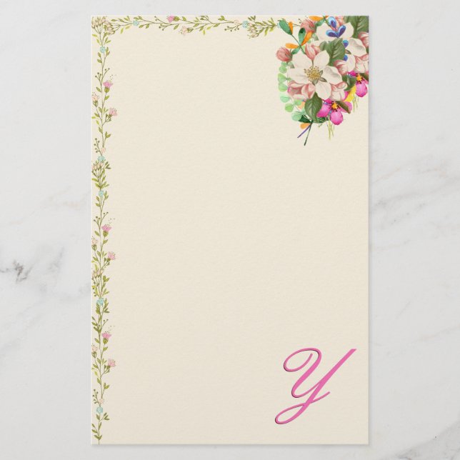 Y Monogram Floral Bouquet Stationery (Front)