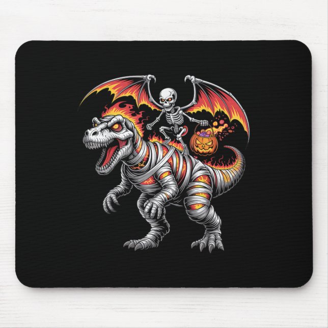 Y Skeleton Riding Dinosaur T-rex Halloween Pumpkin Mouse Mat (Front)
