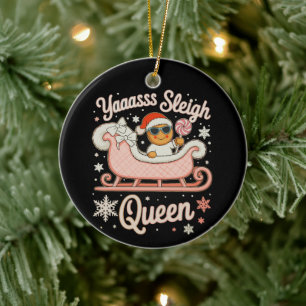 Yaass Sleigh Queen Gingerbread Pink Sled Christmas Ceramic Tree Decoration