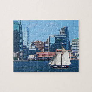 Yacht Against Manhattan Skyline Jigsaw Puzzle