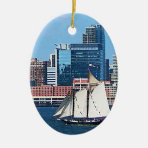 Yacht Against Manhatten Skyline Ceramic Tree Decoration