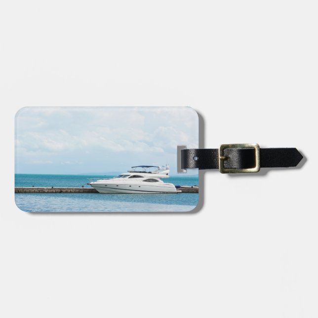 Yacht at mooring luggage tag (Front Horizontal)