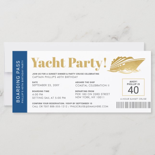 Yacht Boat Cruise Birthday Ticket Invitation (Front)