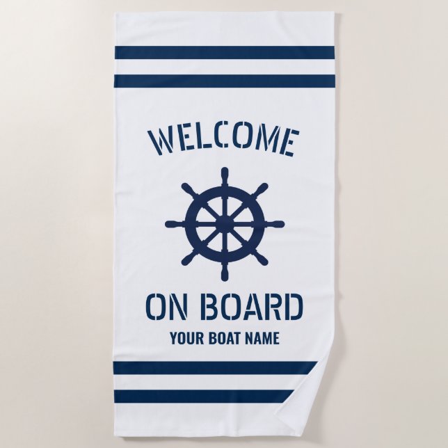 Yacht boat name nautical welcome on board beach towel (Front)