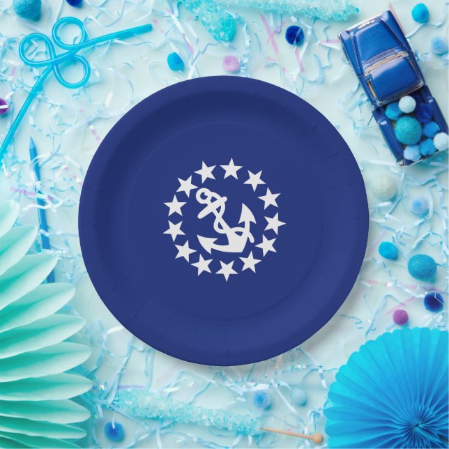 Yacht Flag Anchor Stars Symbol on Blue Paper Plate (Party)