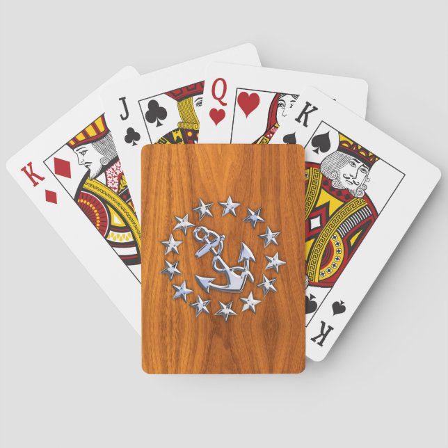 Yacht Flag Sign on Nautical Teak Wood Print Playing Cards (Back)