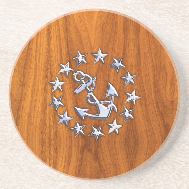 Yacht Flag Symbol on Nautical Teak Wood Print Coaster (Front)