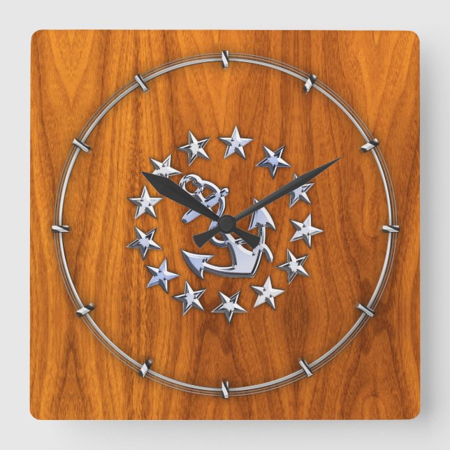 Yacht Flag Symbol on Nautical Teak Wood Print Square Wall Clock (Front)