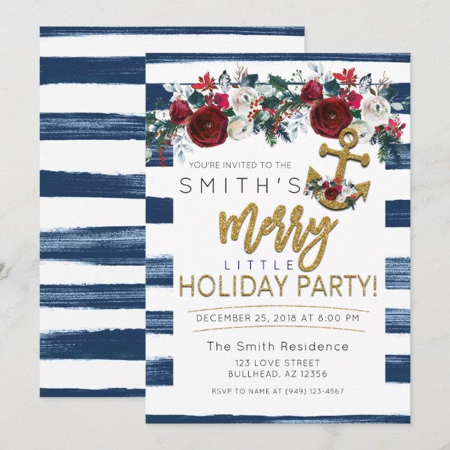Yacht Holiday Party Nautical Christmas Stripes Invitation (Front/Back)