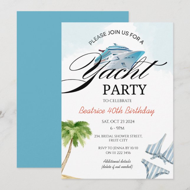Yacht Party Boat Cruise Ship Invitation (Front/Back)